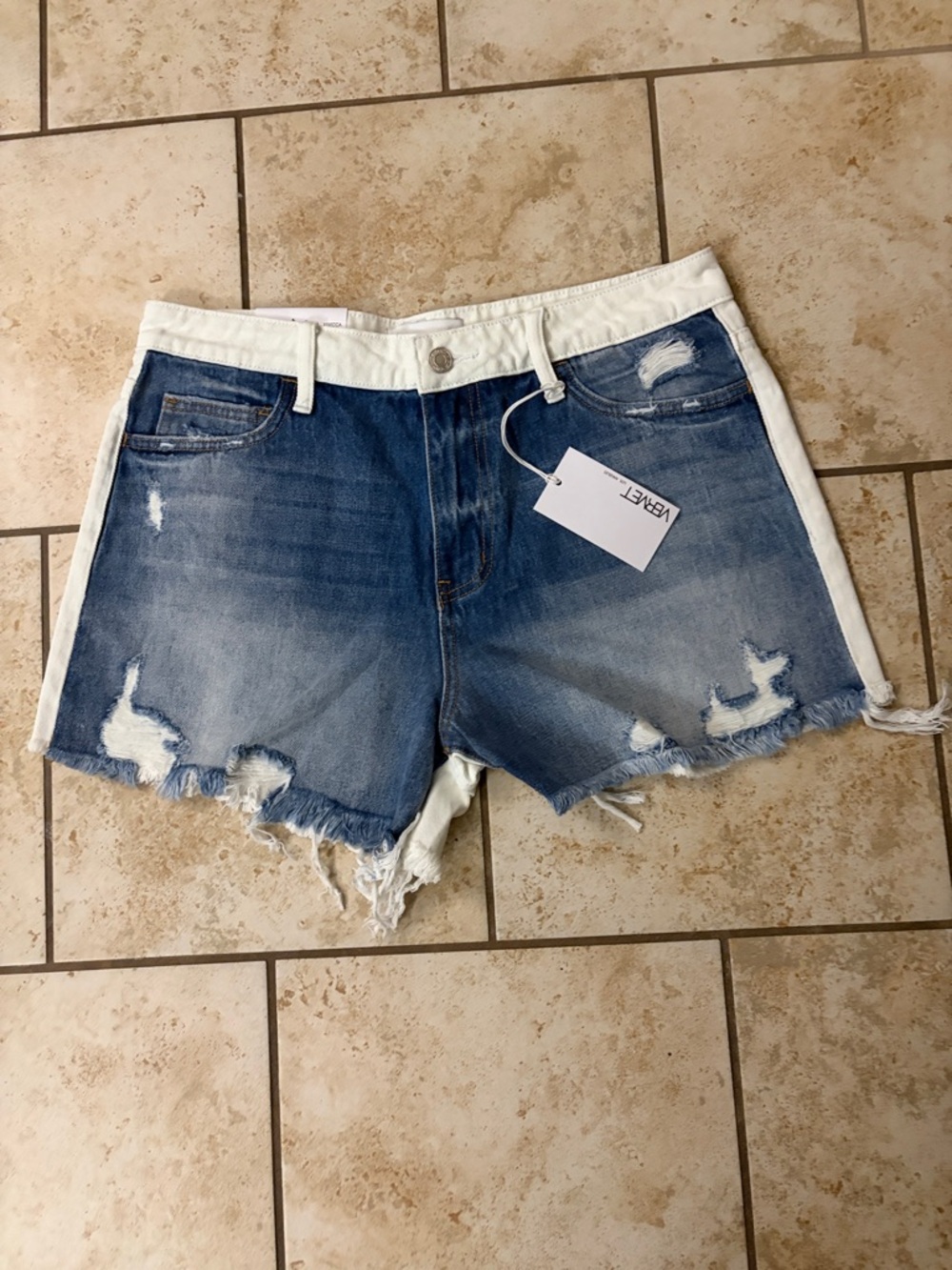 VERVET Two-Tone Distressed Denim Shorts in Blue and White